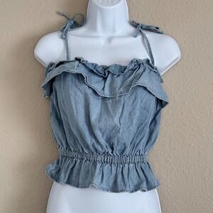 American Eagle Small Blue Chambray Milkmaid Coquette Bow Tank Festival Dainty